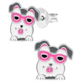 Oorbellen meisje | Zilveren kinderoorbellen | Zilveren oorstekers, vrolijke hondenkop met roze zonnebril