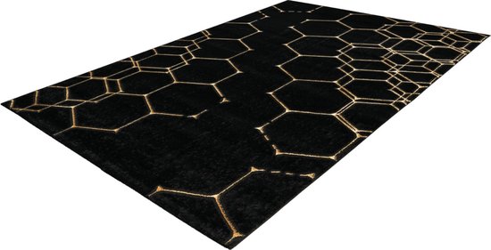 Lalee Marmaris Vloerkleed Superzacht Shiny 3D effect Marmerlook betonlook Tapijt laag polig Karpet maat 160x230 Zwart Goud