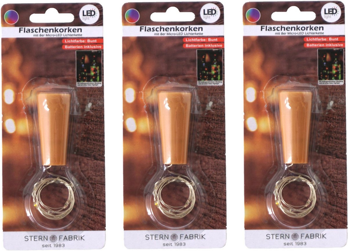 Stern Fabrik flesverlichting kurk - 3x - lichtsnoer - gekleurd -LED - 80 cm- bottle lights
