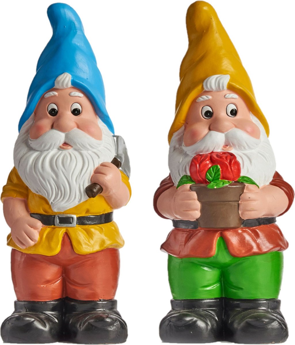 Tuinkabouter beeldjes - set van 2x - Keramiek - 50 cm - geel/blauw