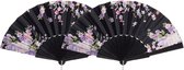 Cepewa Handwaaier/spaanse waaier Flowers - 2x - zwart - 30 cm - Verkoeling zomer
