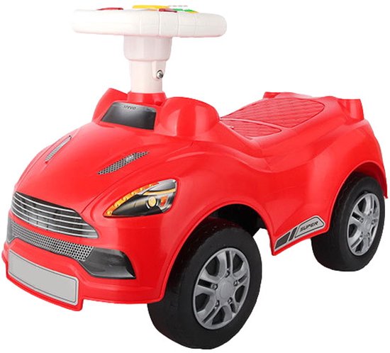Rode loopauto met stuur, lichtjes en claxon. Onder het stuur zit een display met knoppen.