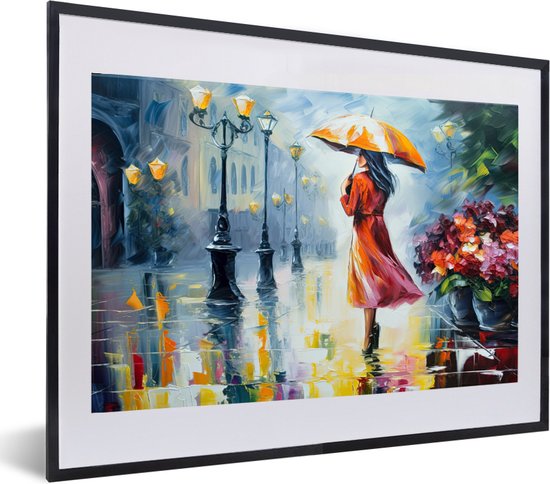 Canvas Schilderij Verliefde Kus Onder Paraplu - 50 x 70 cm