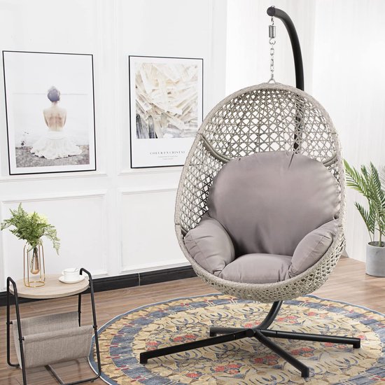 Hangstoel Australia met Standaard - Luxe Grijzen kussens - Zwart Frame - Egg Chair, Schommelstoel