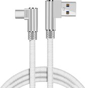 DrPhone D9 - Type-C - USB-C Dubbele 90° Haakse Nylon Gevlochten kabel – 3 Meter -Datasynchronisatie & Snel opladen – Zilver/Wit