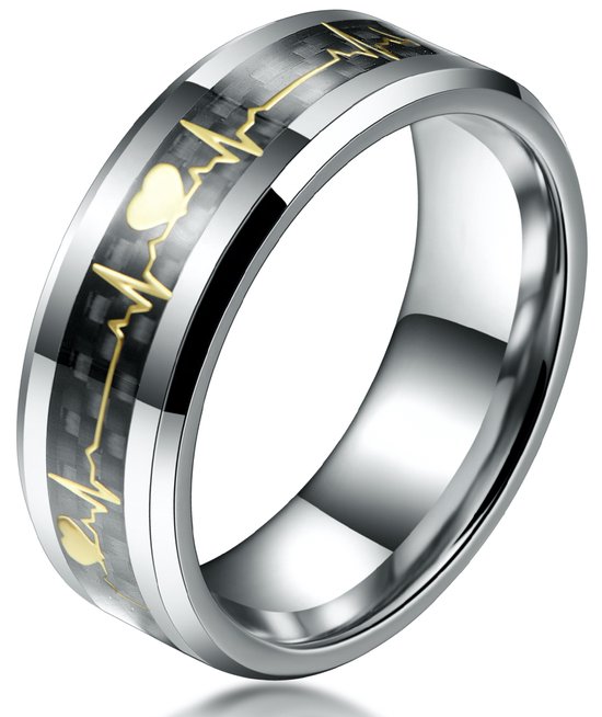 Hartslag Ring met Carbon Inleg - Staal - Ringen Heren Dames - Cadeau voor Man - Mannen Cadeautjes