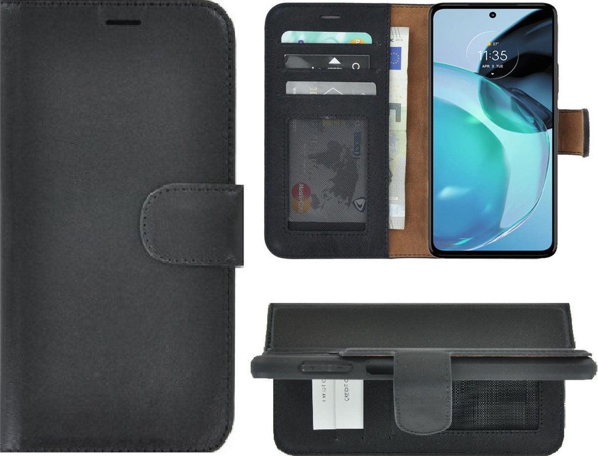 MoDo hoesje Geschikt voor Motorola Moto G73 - Echt Leer Book Case - Zwart