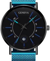 Blauw herenhorloge Geneva met zwarte wijzerplaat, blauwe streepjes en datumaanduiding.