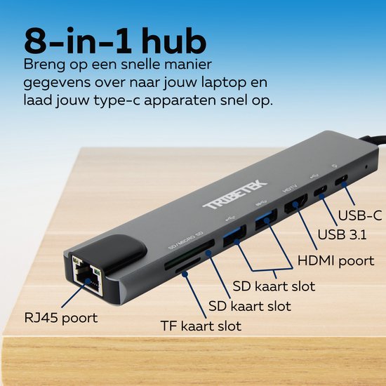 TribeTek 8-in-1 USB-C Hub - 2x USB 3.0 - 4K UHD HDMI - Adapter - Ethernet - SD TF Kaart - Output - Dock - TribeTek