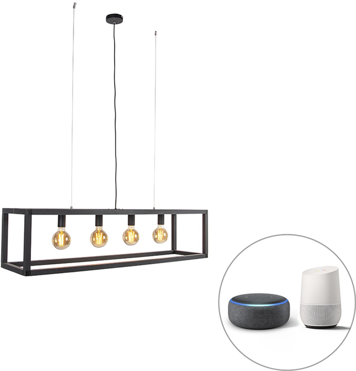 QAZQA big_cage2 - Industriele LED Smart Hanglamp eettafel incl. wifi voor boven de eettafel | in eetkamer - 4 lichts - L 118 cm - Zwart - Industrieel - Woonkamer | Slaapkamer