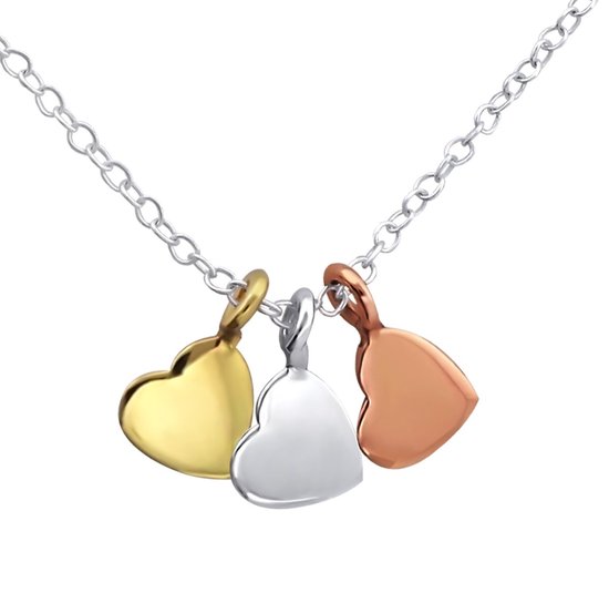 Joy|S - Zilveren hartje ketting - 3 hartjes - tri color - 45 cm - voor jong volwassenen / kinderen