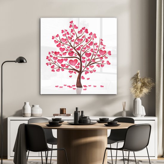 MuchoWow® Peinture sur verre 90x90 cm - Peinture sur verre - Illustration d'un arbre avec des coeurs - Photo sur verre acrylique - Peintures