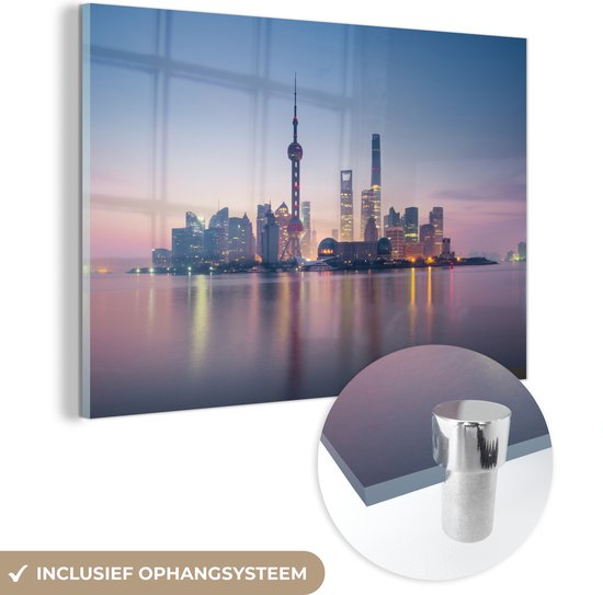 MuchoWow® Glasschilderij 30x20 cm - Schilderij acrylglas - Mist - Shanghai - Zonsopkomst - Foto op glas - Schilderijen