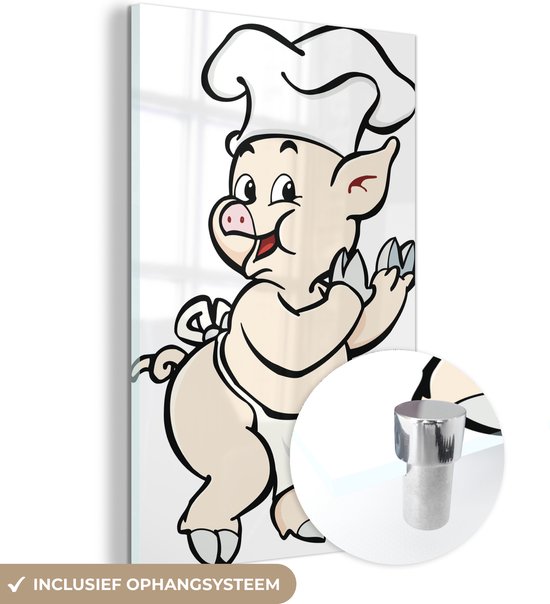 MuchoWow® Peinture sur verre 80x120 cm - Peinture sur verre acrylique - Illustration d'un cochon qui est chef - Photo sur verre - Peintures
