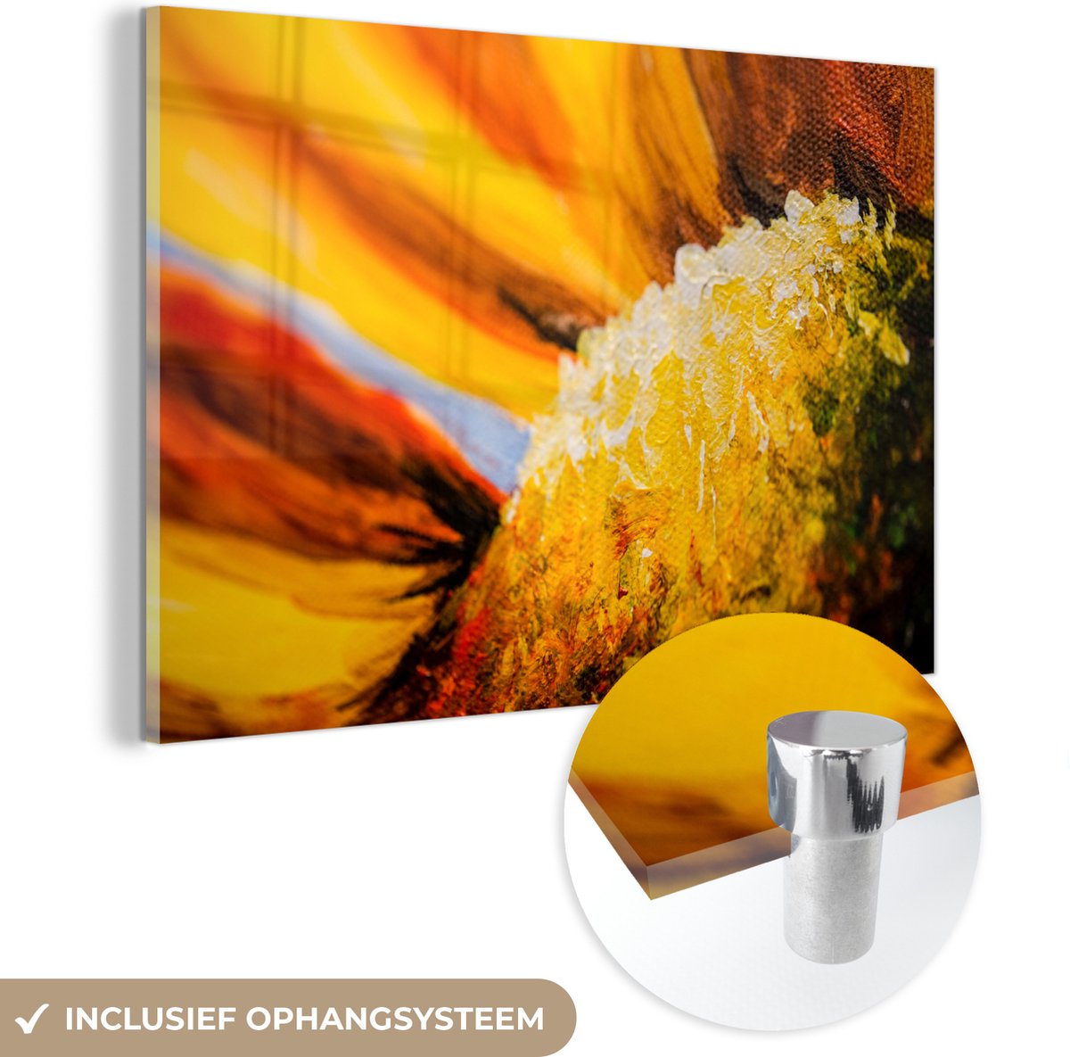 ® Glasschilderij 120x80 cm - Schilderij acrylglas - Een close-up van een olieverf schilderij van een zonnebloem - Foto op glas - Muurdecoratie woonkamer - Wanddecoratie slaapkamer - Schilderijen