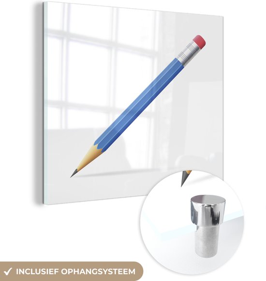 MuchoWow® Glasschilderij 90x90 cm - Schilderij acrylglas - Een illustratie van een blauw potlood met gum - Foto op glas - Schilderijen