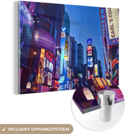 MuchoWow® Glasschilderij 180x120 cm - Schilderij acrylglas - 'S nachts Times Square - Foto op glas - Schilderijen