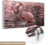 MuchoWow® Glasschilderij 120x60 cm - Schilderij acrylglas - Een groep flamingo's staat in het water - Foto op glas - Schilderijen