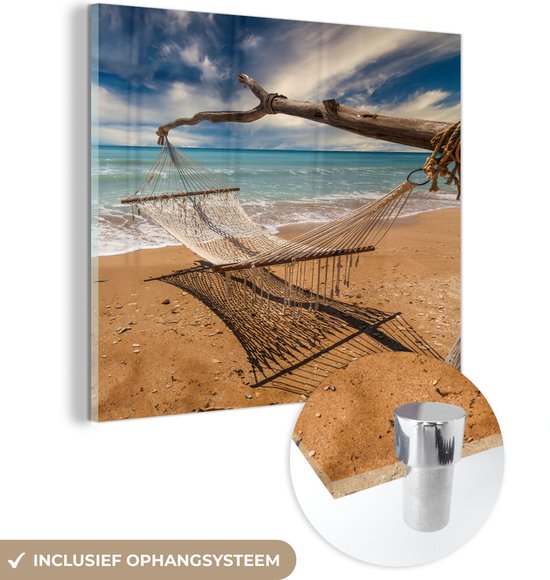 MuchoWow® Glasschilderij 20x20 cm - Schilderij acrylglas - Strand - Zee - Hangmat - Foto op glas - Schilderijen