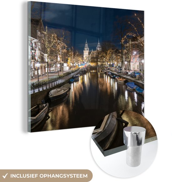 MuchoWow® Glasschilderij 20x20 cm - Schilderij acrylglas - Het Rijksmuseum achter de Spiegelgracht in Amsterdam - Foto op glas - Schilderijen