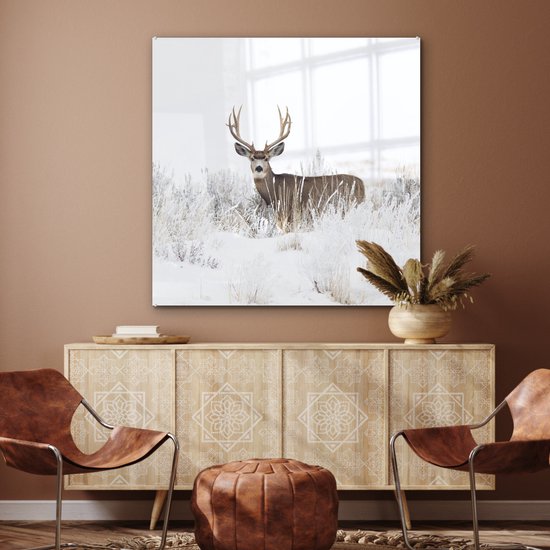 MuchoWow® Peinture sur Verre - Cerf - Hiver - Neige - Animaux - Saisons - Wit - 90x90 cm - Peintures sur Verre Acrylique - Photo sur Glas
