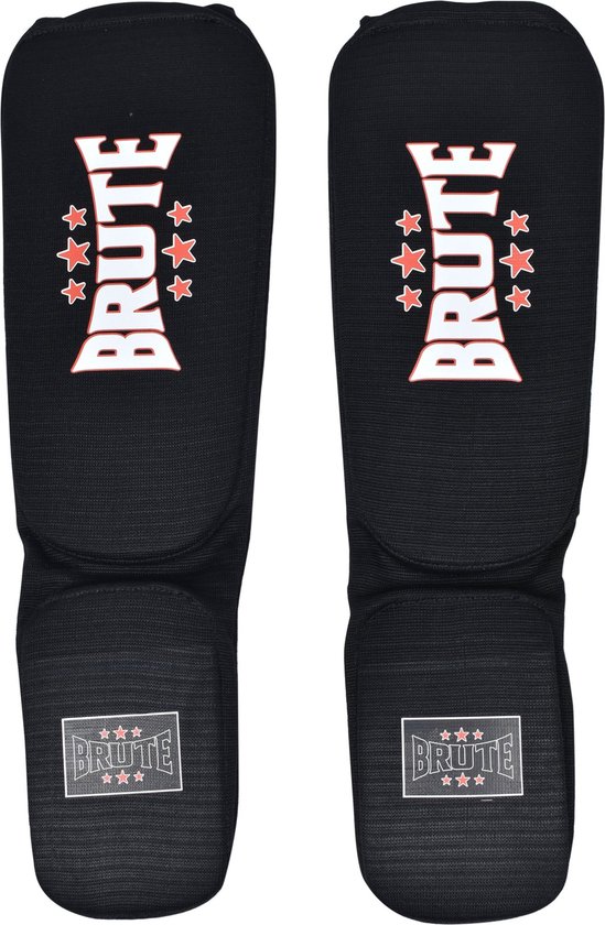 Foto: Brute scheenbeschermers kick boksen l zwart geschikt voor kickboks trainingen wedstrijden harde epe padding polyester binnenvoering incl voetbeschermers bevestigingselastiek