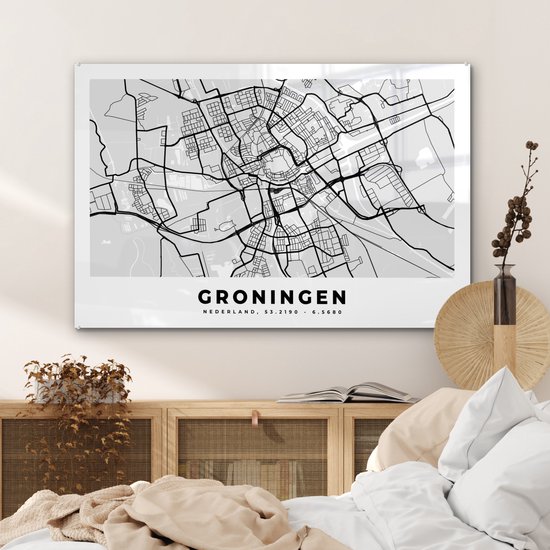 Peinture sur Verre - Carte - Groningen - Pays- Nederland - 90x60 cm - Peintures sur Verre Peintures - Photo sur Glas