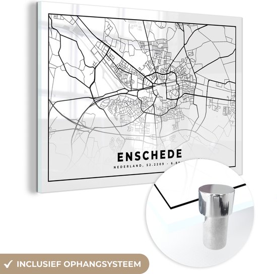 MuchoWow® Glasschilderij 180x120 cm - Schilderij acrylglas - Stadskaart - Enschede - Zwart - Wit - Foto op glas - Schilderijen - Plattegrond