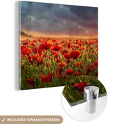 MuchoWow® Glasschilderij 20x20 cm - Schilderij acrylglas - Zonsondergang - Klaprozen - Rood - Bloemen - Veld - Natuur - Foto op glas - Schilderijen