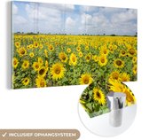 MuchoWow® Glasschilderij 40x20 cm - Schilderij acrylglas - Zonnebloemen - Bloemen - Wolken - Natuur - Geel - Landschap - Foto op glas - Schilderijen