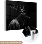 MuchoWow® Glasschilderij 40x30 cm - Schilderij acrylglas - Hert - Zwart - Wit - Foto op glas - Schilderijen