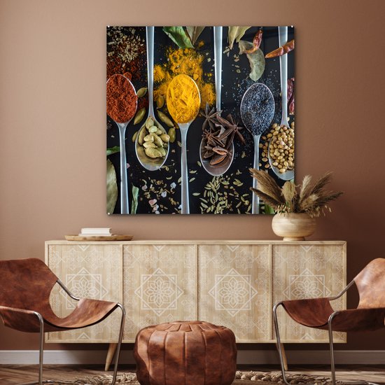 MuchoWow® Peinture sur Verre - Herbes - Cuillère - Épices - Zwart - Cuisine - 90x90 cm - Peintures sur Verre Acrylique - Photo sur Glas