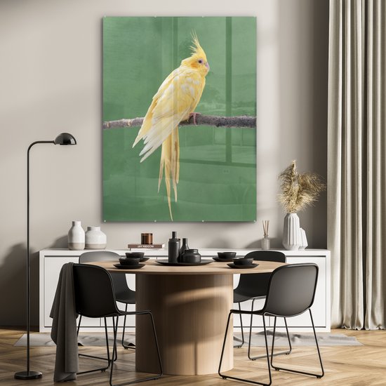 MuchoWow® Peinture sur verre - Calopsitte jaune sur un bâton - 90x120 cm - Peintures sur verre acrylique - Photo sur Glas