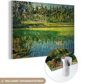 MuchoWow® Glasschilderij 90x60 cm - Schilderij acrylglas - Rijstvelden en palmbomen in Azie - Foto op glas - Schilderijen