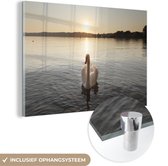 MuchoWow® Glasschilderij 90x60 cm - Schilderij acrylglas - Zwaan - Zonsondergang - Water - Foto op glas - Schilderijen