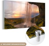 MuchoWow® Glasschilderij 80x40 cm - Schilderij acrylglas - Waterval - IJsland - Natuur - Foto op glas - Schilderijen