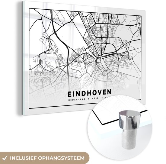 MuchoWow® Glasschilderij 60x40 cm - Schilderij acrylglas - Kaart - Nederland - Eindhoven - Foto op glas - Schilderijen