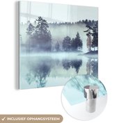 MuchoWow® Glasschilderij 90x90 cm - Schilderij glas - Bos - Mist - Winter - Foto op acrylglas - Schilderijen