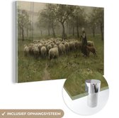 MuchoWow® Glasschilderij 90x60 cm - Schilderij acrylglas - Herderin met kudde schapen - Anton Mauve - Foto op glas - Schilderijen