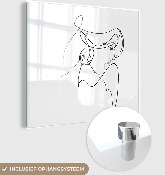 MuchoWow® Glasschilderij 50x50 cm - Schilderij acrylglas - Abstracte line art van een elegante vrouw op een witte achtergrond vierkant - Foto op glas - Schilderijen