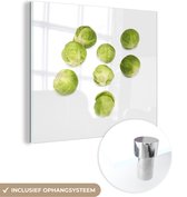 MuchoWow® Glasschilderij 50x50 cm - Schilderij acrylglas - Acht lichtgroene spruitkooltjes op een witte achtergrond - Foto op glas - Schilderijen