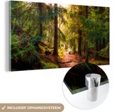 MuchoWow® Glasschilderij 120x60 cm - Schilderij acrylglas - Bos - Pad - Bomen - Groen - Zon - Natuur - Foto op glas - Schilderijen