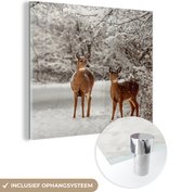 MuchoWow® Glasschilderij 90x90 cm - Schilderij acrylglas - Herten - Sneeuw - Bomen - Foto op glas - Schilderijen