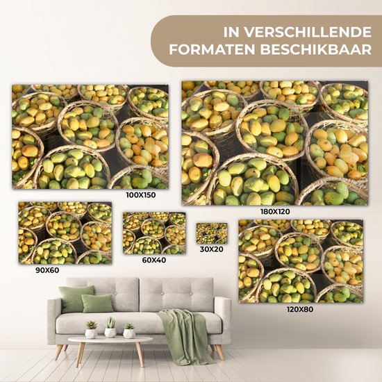 MuchoWow® Peinture sur verre 150x100 cm - Peinture sur verre acrylique - Mango - Jaune - Vert - Panier - Photo sur verre - Peintures