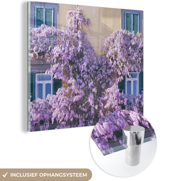 MuchoWow® Glasschilderij 90x90 cm - Schilderij acrylglas - Blauwe regen vol met bloemen - Foto op glas - Schilderijen