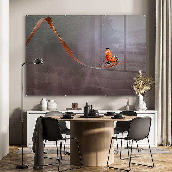 MuchoWow® Peinture sur verre 150x100 cm - Peinture sur verre acrylique - Insecte - Oranje - Feuille - Photo sur verre - Peintures