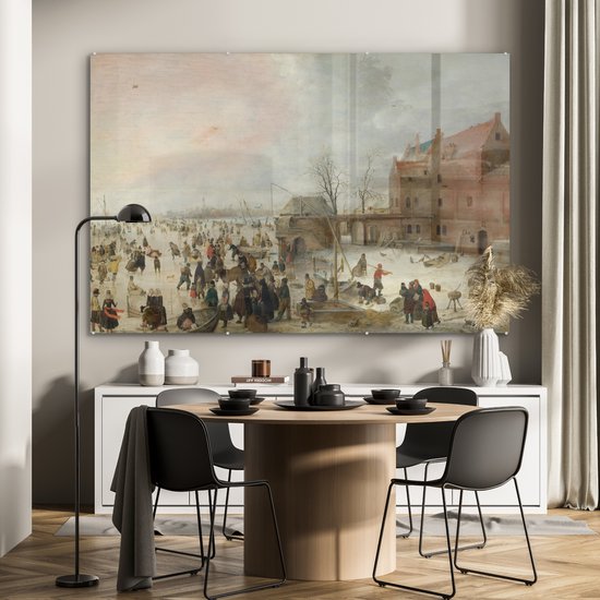 MuchoWow® Peinture sur verre 150x100 cm - Peinture sur verre acrylique - Scène de glace dans une brasserie - Hendrik Avercamp - Photo sur verre - Peintures