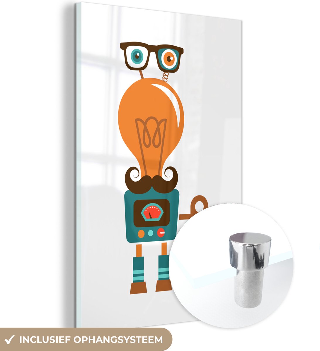 ® Glasschilderij 100x150 cm - Schilderij acrylglas - Robot - Bril - Gloeilamp - Snor - Kin