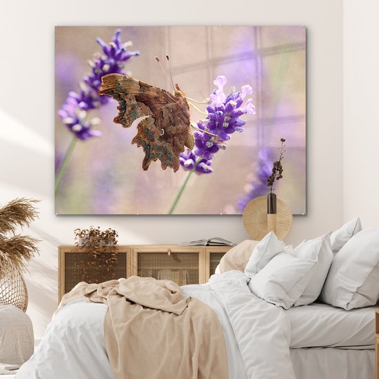 MuchoWow® Peinture sur verre 160x120 cm - Peinture sur verre acrylique - Le papillon aurelia craquelé boit du nectar - Photo sur verre - Peintures
