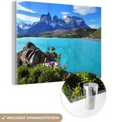 MuchoWow® Glasschilderij 80x60 cm - Schilderij acrylglas - Meer Pehoe in het Nationaal park Torres del Paine - Foto op glas - Schilderijen